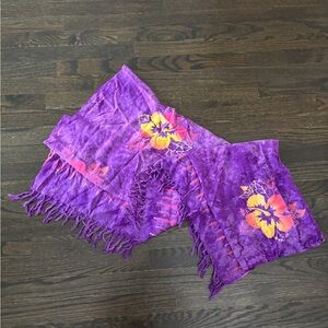 Purple 90s Retro Hawaiian Floral Fringe Sarong Scarf